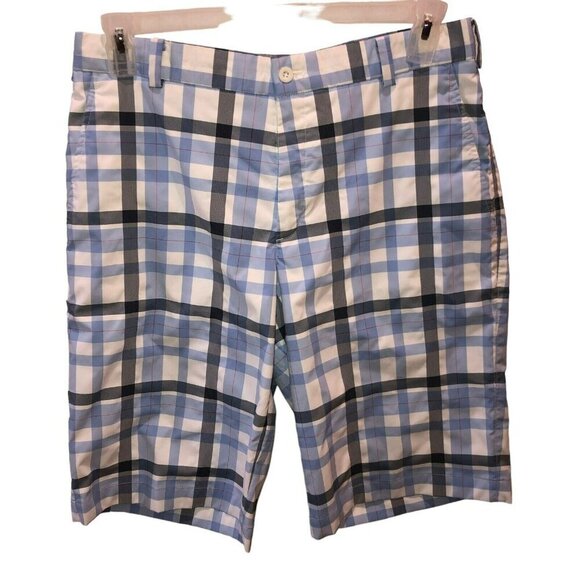 Nike Golf Mens 32 M Blue Plaid Dri Fit Flat Front Pockets Shorts 10.5 Inseam - Picture 1 of 10
